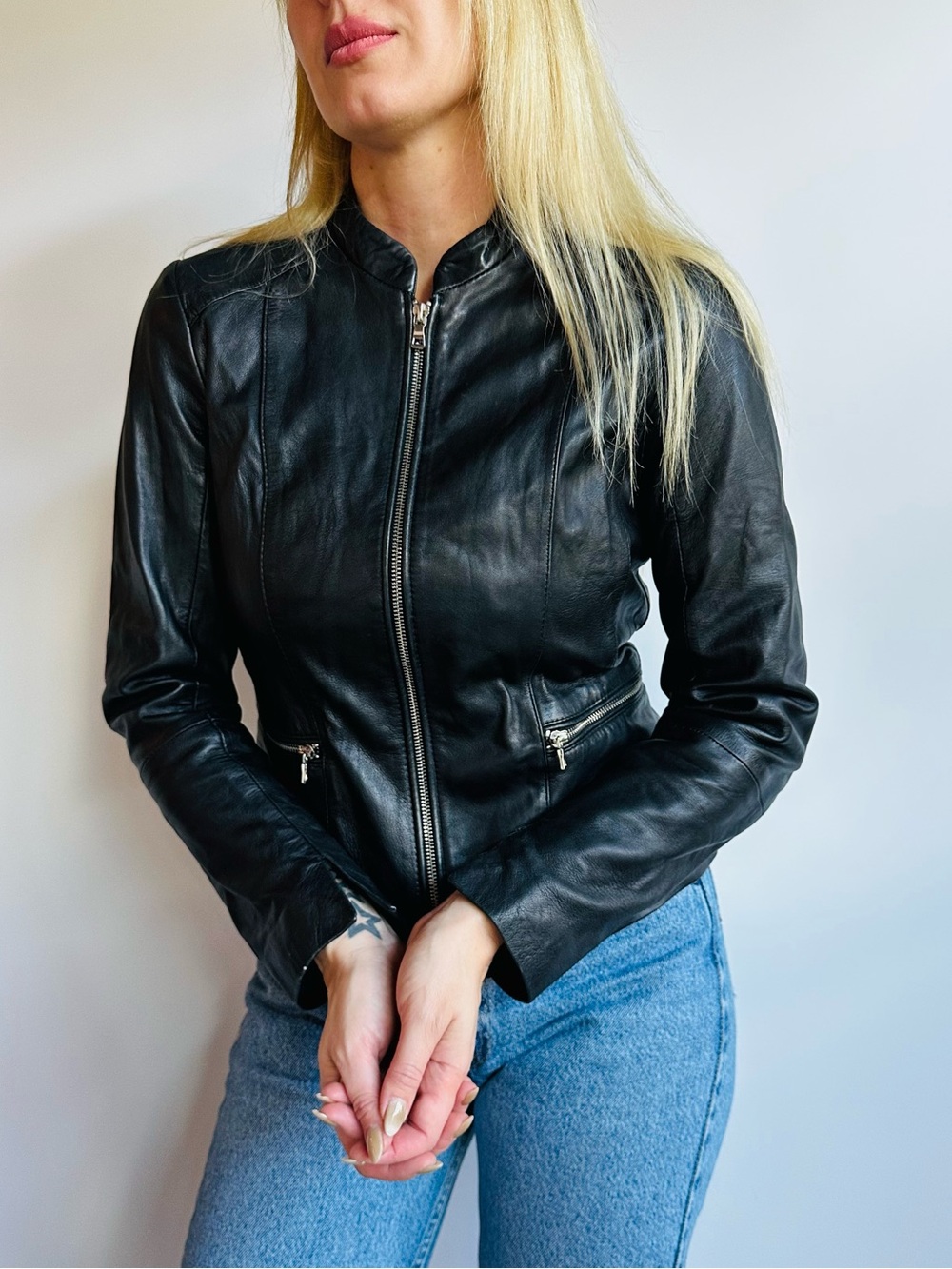 MANGO Black Genuine Sheep Leather Jacket Stand Collar Moto Biker Fitted Y2K